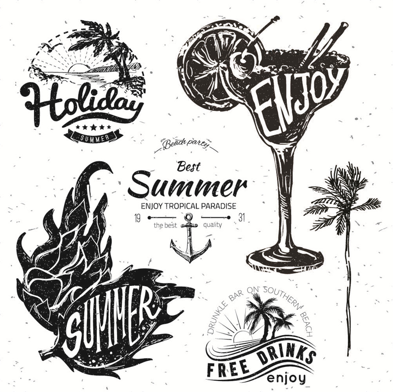 图片[2]-复古手绘线稿素描海洋船只热带单车沙滩LOGO鸡尾酒AI矢量设计素材-设计猿