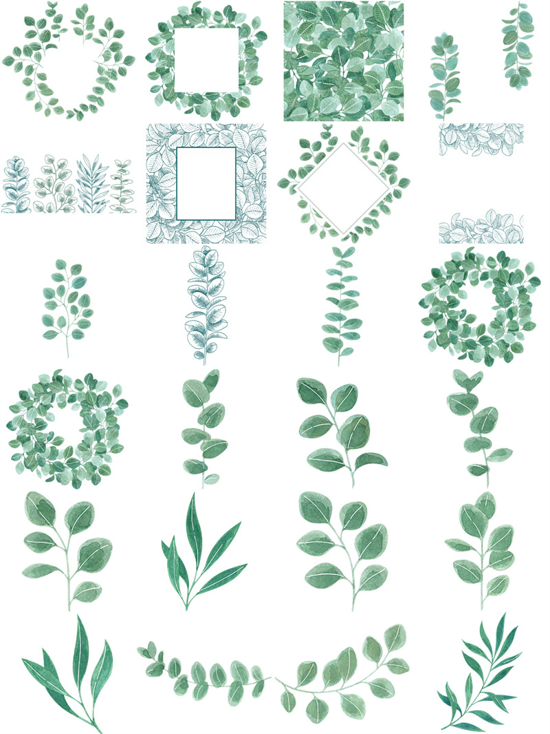 图片[3]-唯美森系绿色植物树叶手绘水彩线稿边框海报AI矢量PNG免扣PS素材-设计猿