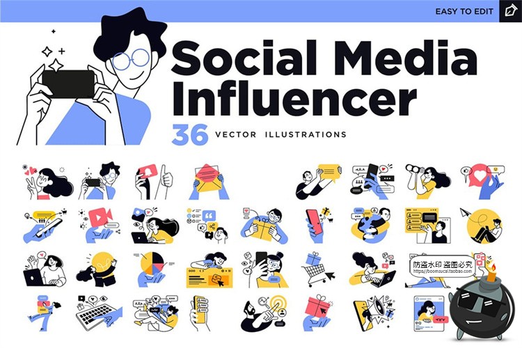 图片[1]-手绘人物社交电商营销商务办公场景扁平化演示插图插画AI矢量素材-设计猿