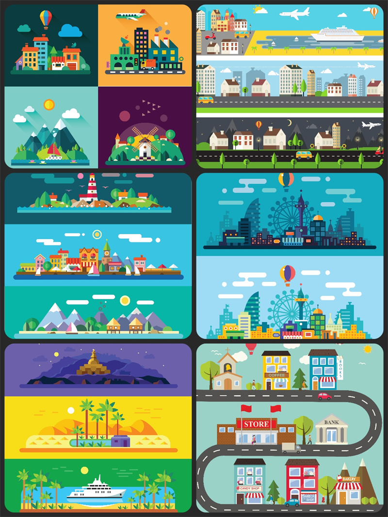 图片[2]-扁平化旅游建筑自然风景城市游乐园图案插画装饰AI矢量设计素材-设计猿