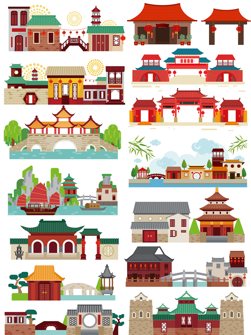 图片[1]-卡通古风古代日系建筑房屋住宅图案AI矢量图背景设计banner素材图-设计猿