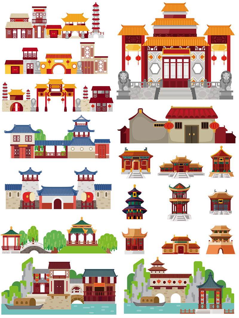 图片[2]-卡通古风古代日系建筑房屋住宅图案AI矢量图背景设计banner素材图-设计猿