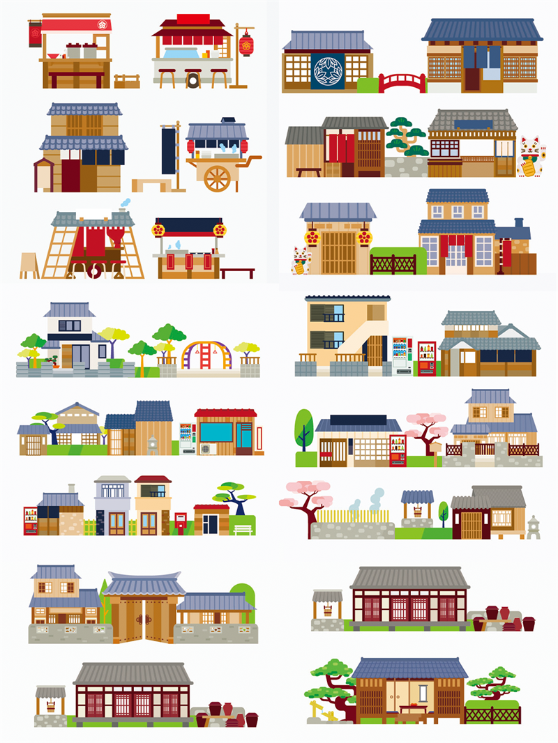 图片[4]-卡通古风古代日系建筑房屋住宅图案AI矢量图背景设计banner素材图-设计猿