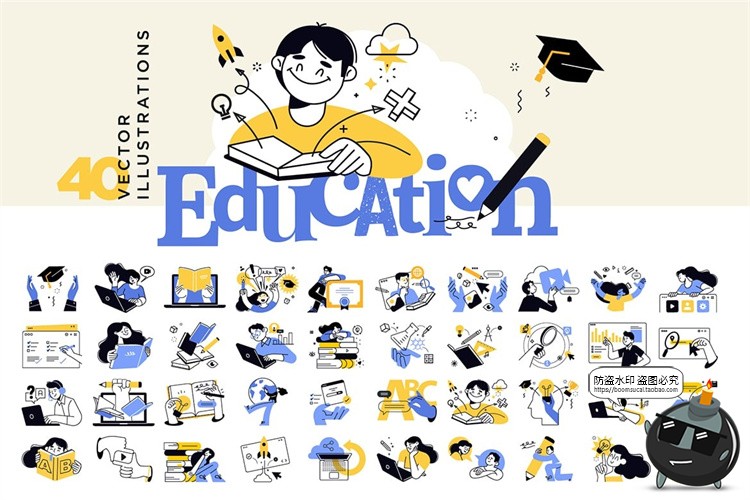 图片[1]-教育学习读书思考课程场景APP UI插图插画配图AI矢量PNG免抠素材-设计猿