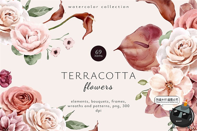图片[1]-清新优雅手绘水彩红陶花朵花卉边框背景无缝图案图片PNG插画素材-设计猿