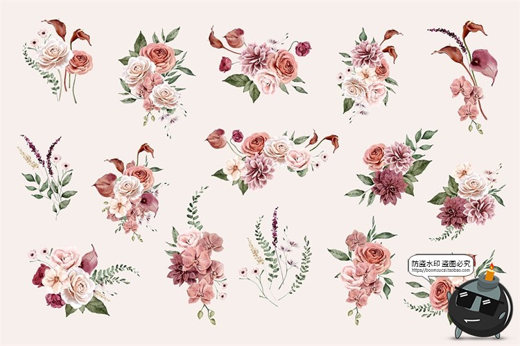 图片[2]-清新优雅手绘水彩红陶花朵花卉边框背景无缝图案图片PNG插画素材-设计猿