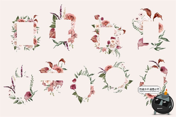 图片[3]-清新优雅手绘水彩红陶花朵花卉边框背景无缝图案图片PNG插画素材-设计猿