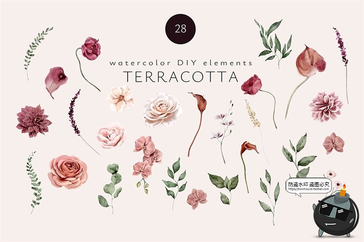 图片[4]-清新优雅手绘水彩红陶花朵花卉边框背景无缝图案图片PNG插画素材-设计猿