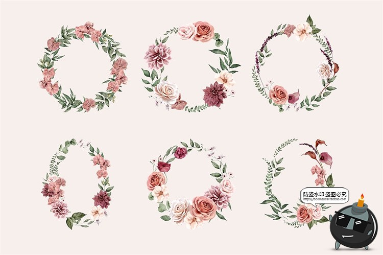 图片[5]-清新优雅手绘水彩红陶花朵花卉边框背景无缝图案图片PNG插画素材-设计猿