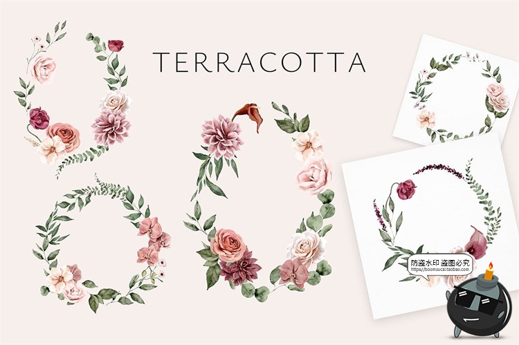 图片[6]-清新优雅手绘水彩红陶花朵花卉边框背景无缝图案图片PNG插画素材-设计猿