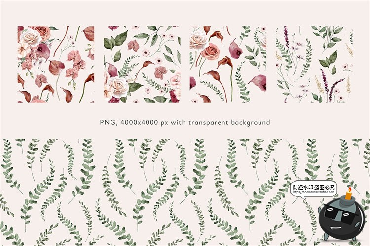 图片[7]-清新优雅手绘水彩红陶花朵花卉边框背景无缝图案图片PNG插画素材-设计猿