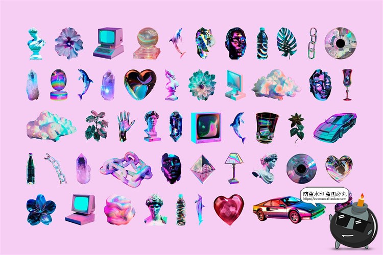 图片[2]-抽象潮流科幻蒸汽波霓虹赛博朋克艺术PNG免抠拼贴图片PSD模板素材-设计猿