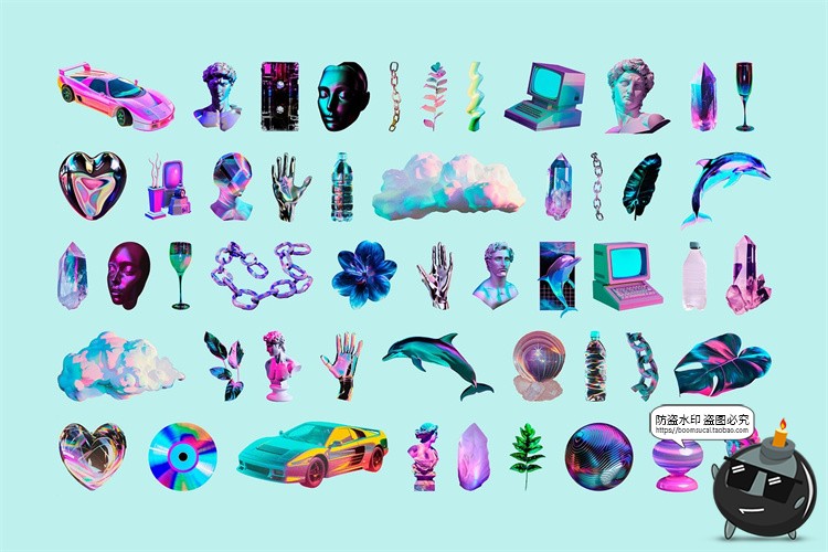 图片[3]-抽象潮流科幻蒸汽波霓虹赛博朋克艺术PNG免抠拼贴图片PSD模板素材-设计猿