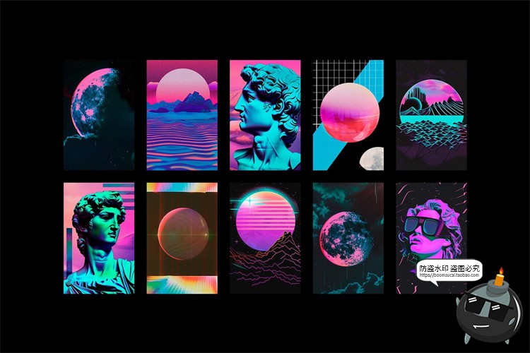 图片[9]-抽象潮流科幻蒸汽波霓虹赛博朋克艺术PNG免抠拼贴图片PSD模板素材-设计猿