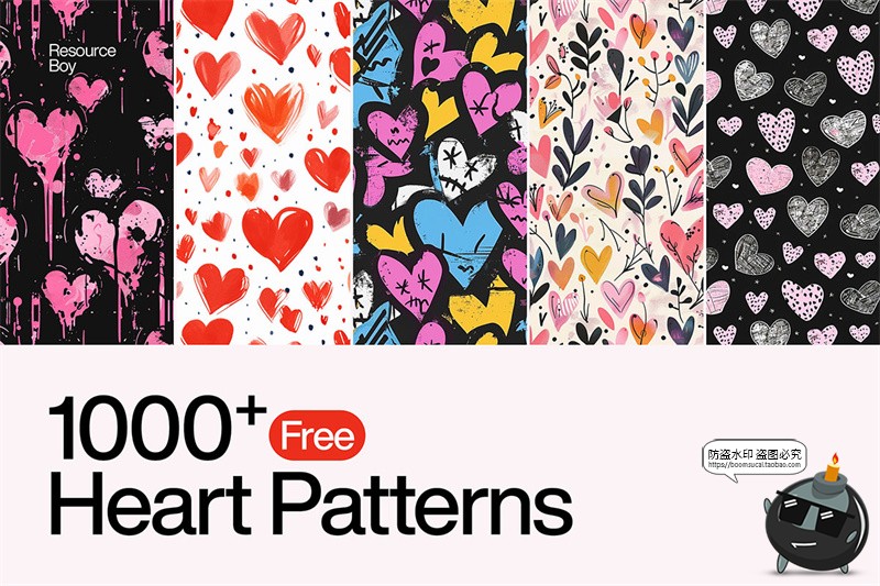 图片[1]-潮流手绘情人节创意心形爱情心插画无缝拼接图案背景JPG图片素材-设计猿