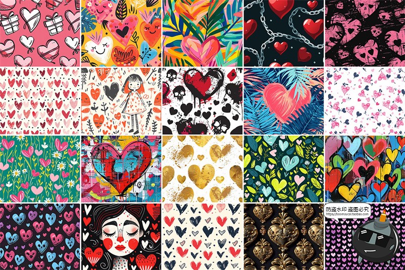 图片[2]-潮流手绘情人节创意心形爱情心插画无缝拼接图案背景JPG图片素材-设计猿