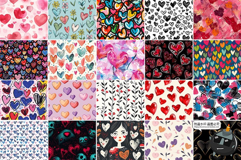 图片[3]-潮流手绘情人节创意心形爱情心插画无缝拼接图案背景JPG图片素材-设计猿