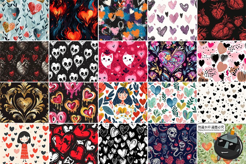 图片[4]-潮流手绘情人节创意心形爱情心插画无缝拼接图案背景JPG图片素材-设计猿