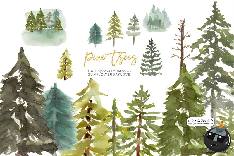 图片[4]-手绘绿色水彩松树森林绿植意境贴图剪贴画PNG免抠图插画元素素材-设计猿