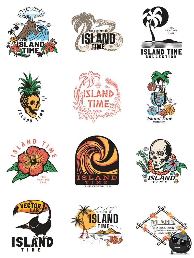 图片[1]-美式复古热带海滩度假插画徽标印花烫印图案AI矢量PNG免抠图素材-设计猿