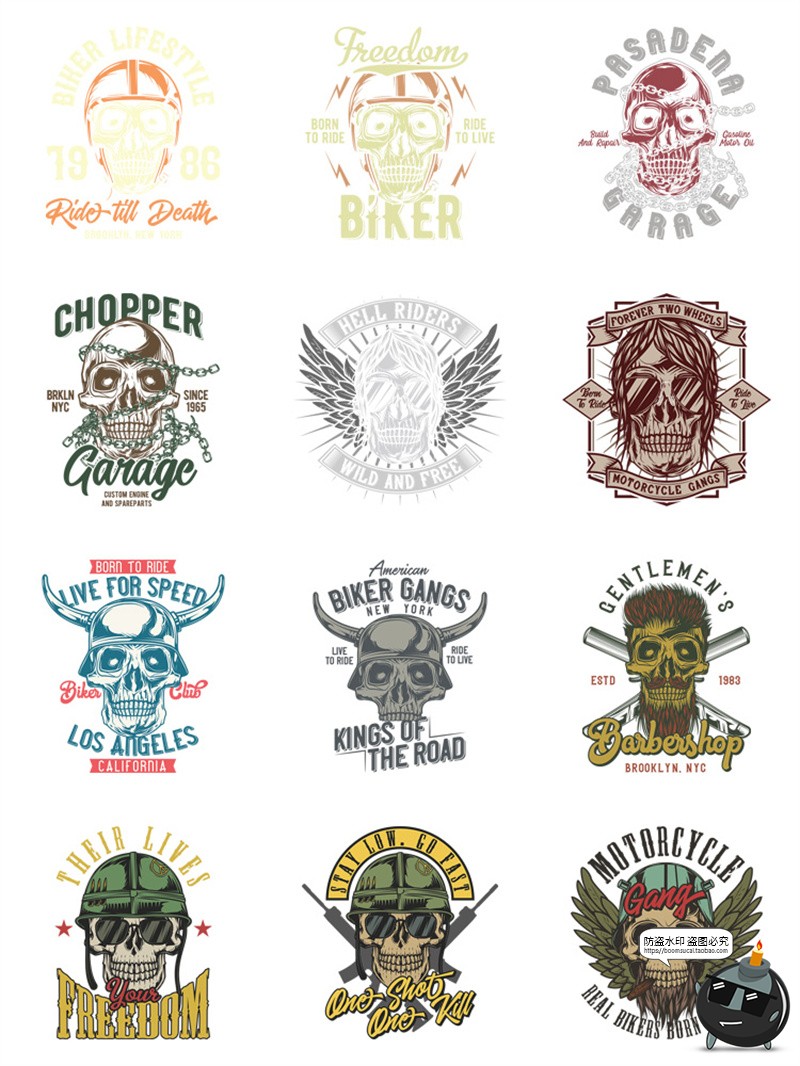 图片[1]-美式复古朋克骷髅头潮流插画服装印花烫印图案AI矢量PNG免抠素材-设计猿