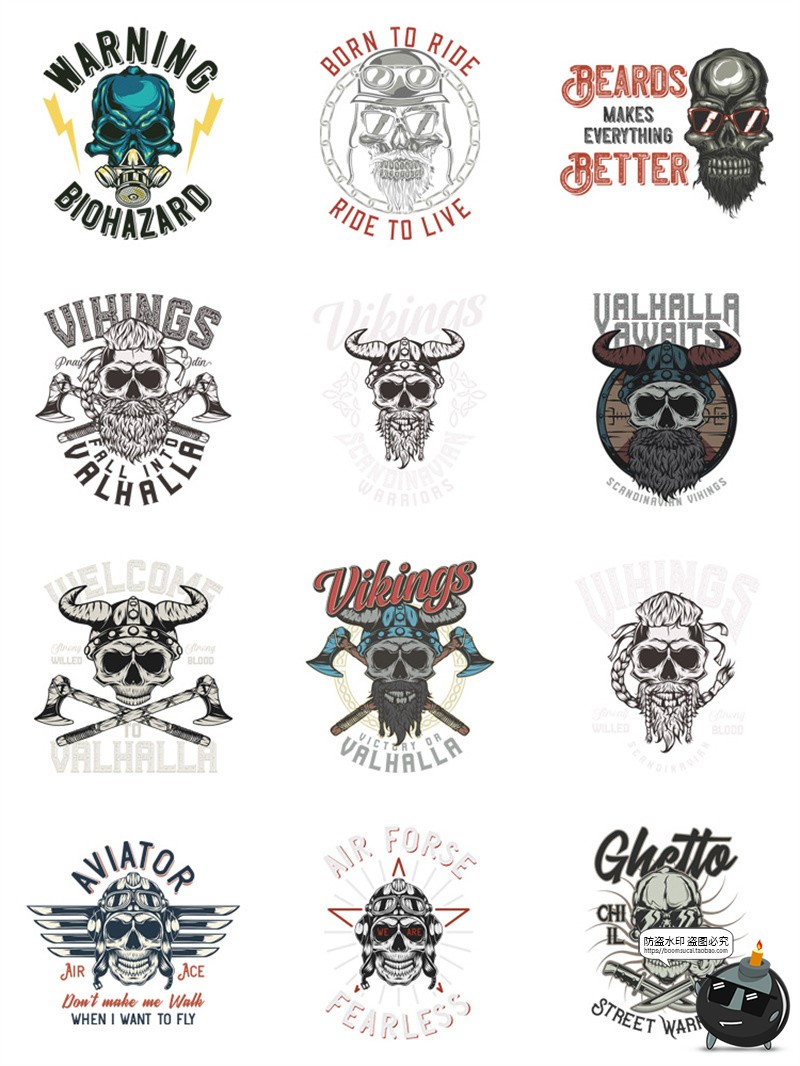 图片[3]-美式复古朋克骷髅头潮流插画服装印花烫印图案AI矢量PNG免抠素材-设计猿