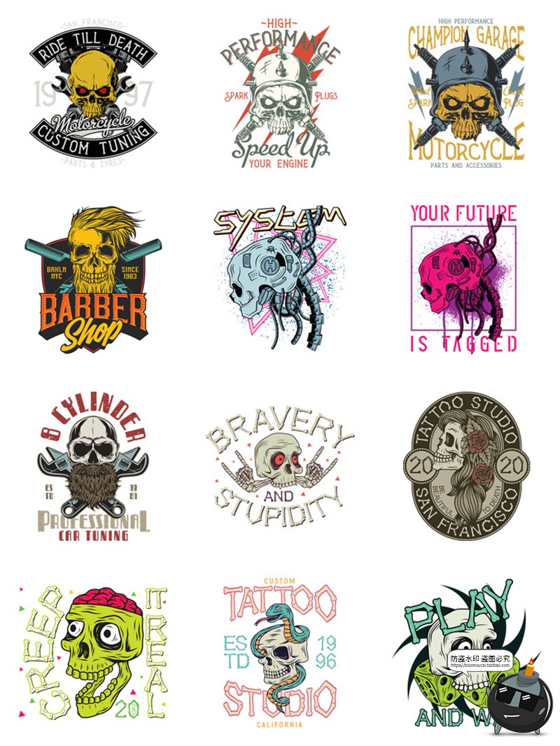 图片[5]-美式复古朋克骷髅头潮流插画服装印花烫印图案AI矢量PNG免抠素材-设计猿