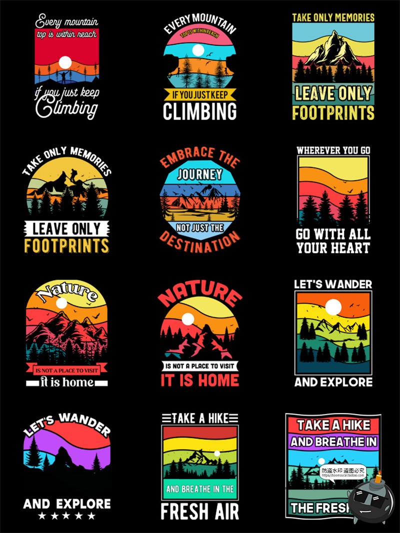 图片[1]-复古美式户外徒步爬山风景落日插画印花图案AI矢量PNG免抠图素材-设计猿