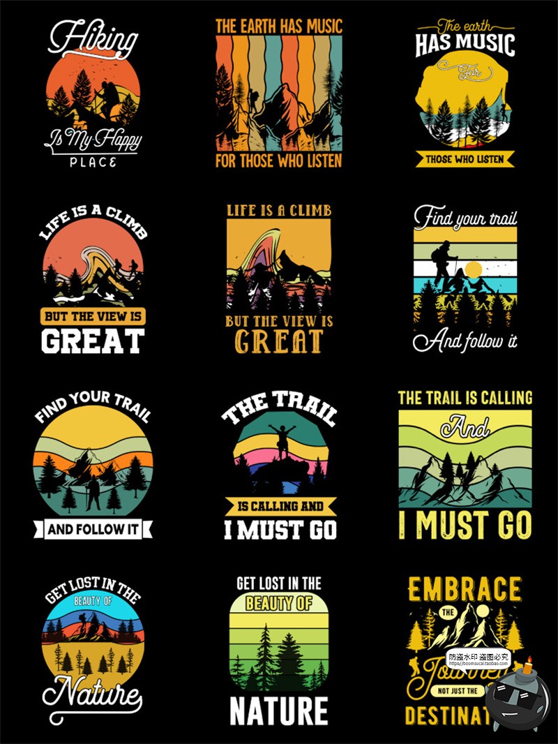 图片[2]-复古美式户外徒步爬山风景落日插画印花图案AI矢量PNG免抠图素材-设计猿