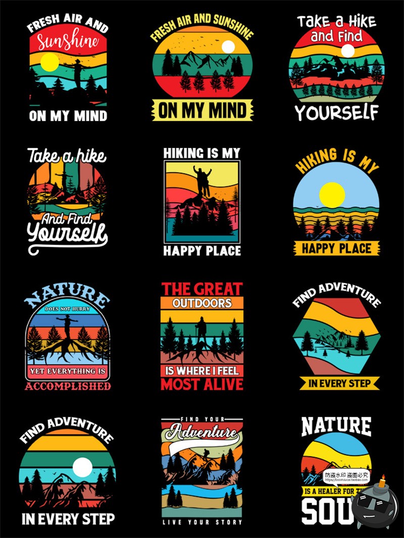 图片[3]-复古美式户外徒步爬山风景落日插画印花图案AI矢量PNG免抠图素材-设计猿