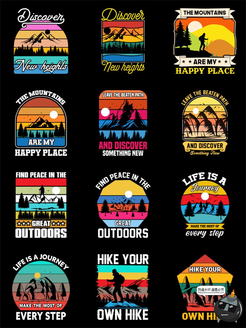 图片[4]-复古美式户外徒步爬山风景落日插画印花图案AI矢量PNG免抠图素材-设计猿