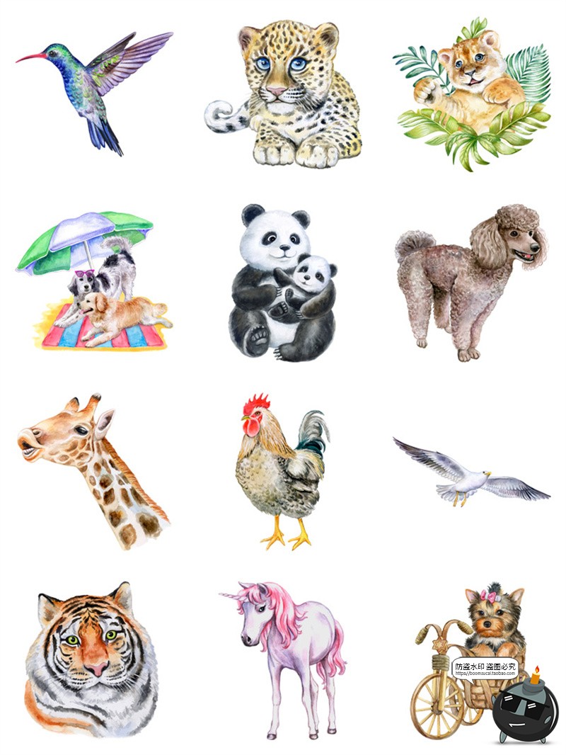 图片[8]-手绘水彩宠物猫狗鸟类熊猫大象野生动物插画AI矢量图PNG免抠素材-设计猿