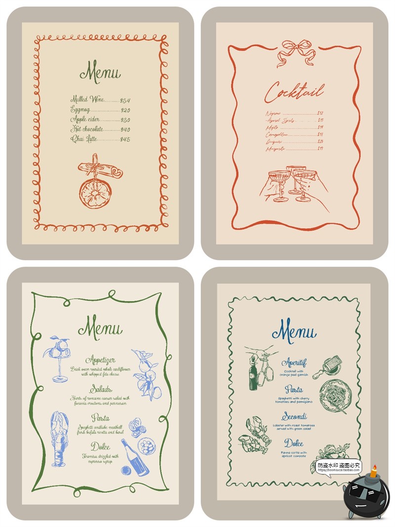 图片[1]-法式手绘线条涂鸦简约价表菜单酒单圣诞节海报贺卡边框AI矢量素材-设计猿
