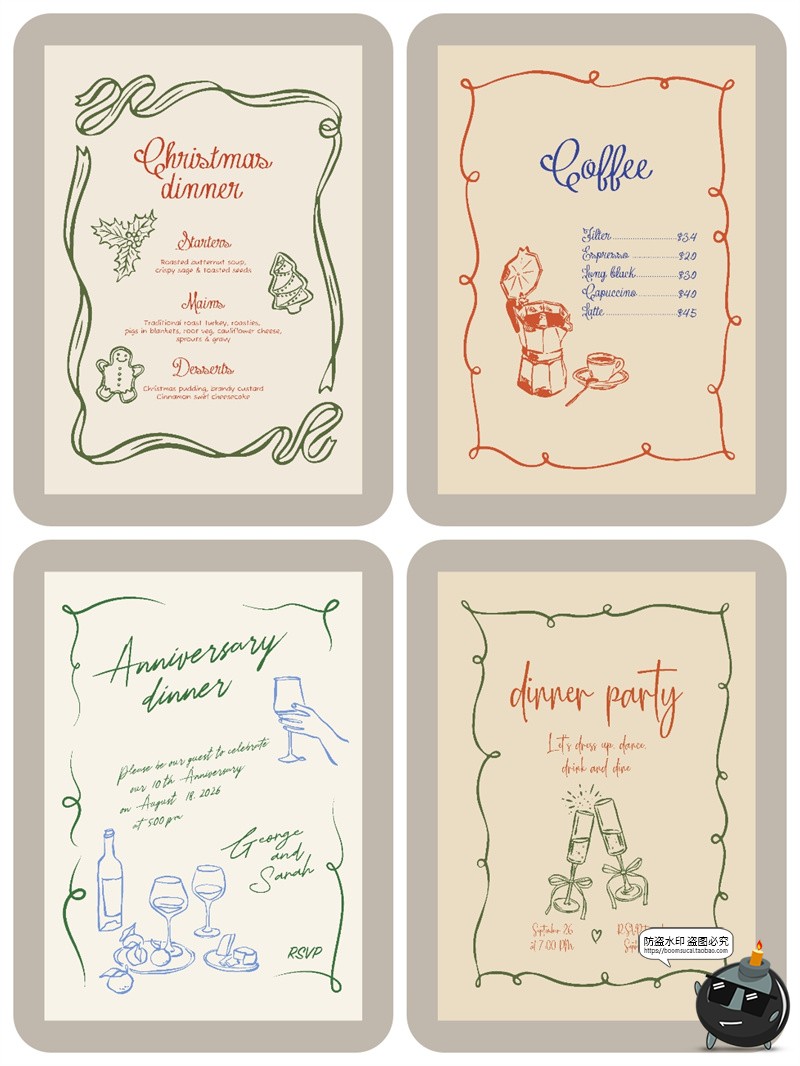 图片[2]-法式手绘线条涂鸦简约价表菜单酒单圣诞节海报贺卡边框AI矢量素材-设计猿