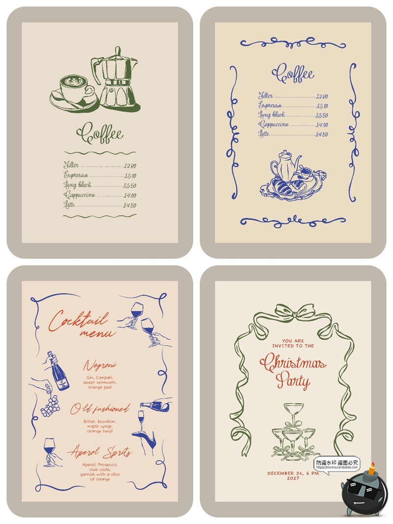 图片[7]-法式手绘线条涂鸦简约价表菜单酒单圣诞节海报贺卡边框AI矢量素材-设计猿