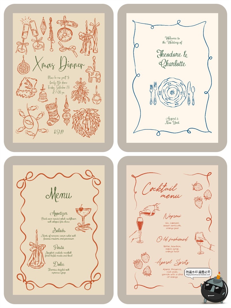 图片[8]-法式手绘线条涂鸦简约价表菜单酒单圣诞节海报贺卡边框AI矢量素材-设计猿