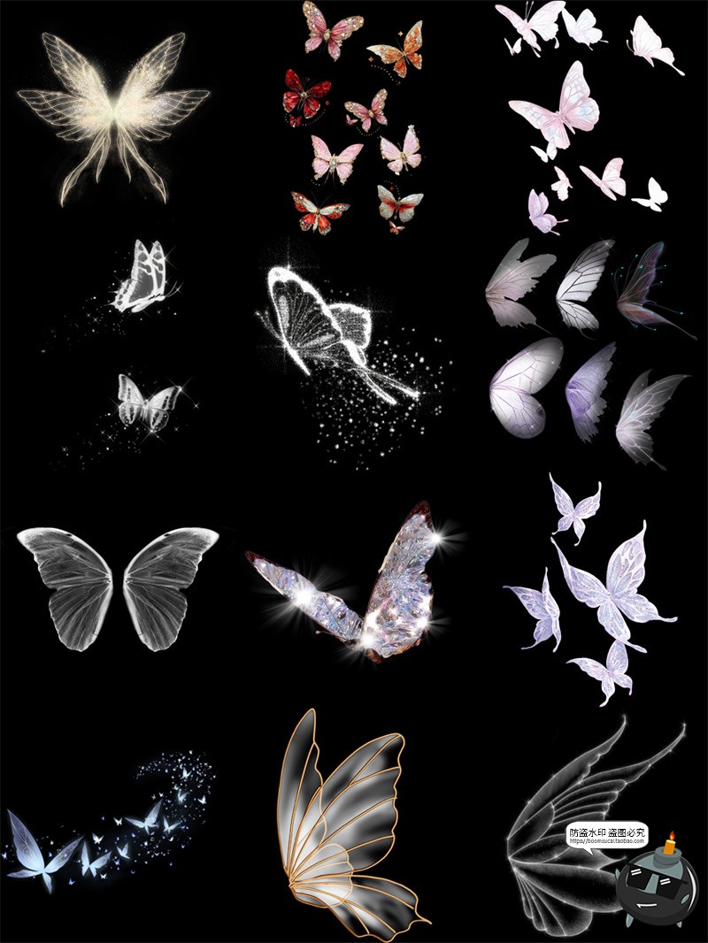 图片[1]-唯美梦幻蝴蝶透明翅膀白色发光海报后期合成修图PNG免抠美工素材-设计猿