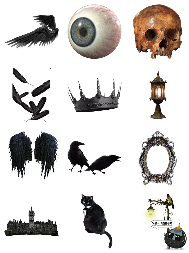 图片[1]-暗黑哥特风万圣节骷髅蝙蝠蜘蛛猫咪鬼屋恐怖手账元素PNG免扣素材-设计猿