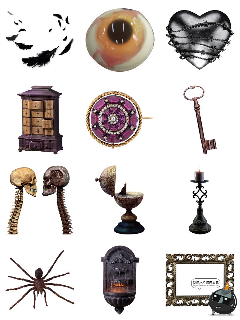 图片[2]-暗黑哥特风万圣节骷髅蝙蝠蜘蛛猫咪鬼屋恐怖手账元素PNG免扣素材-设计猿