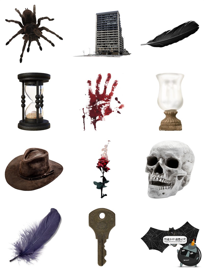 图片[3]-暗黑哥特风万圣节骷髅蝙蝠蜘蛛猫咪鬼屋恐怖手账元素PNG免扣素材-设计猿