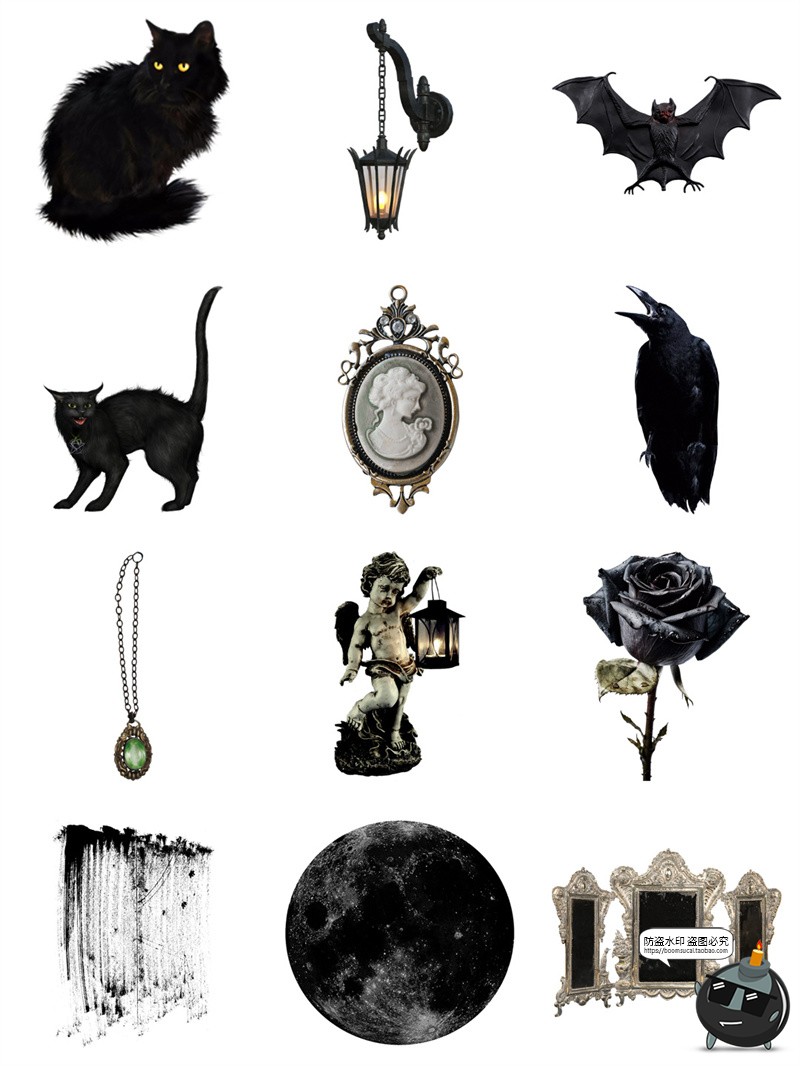 图片[8]-暗黑哥特风万圣节骷髅蝙蝠蜘蛛猫咪鬼屋恐怖手账元素PNG免扣素材-设计猿