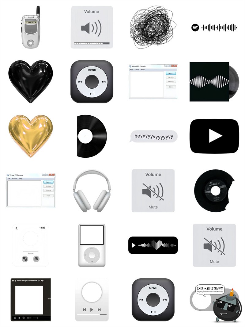 图片[3]-韩系冷色黑白音乐元素耳机CD唱片专辑元素PNG免抠图美工手账素材-设计猿