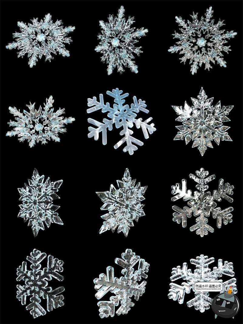 图片[1]-高清3D立体结冰雪花冰晶细节图冬天圣诞节装饰后期PNG免抠图素材-设计猿