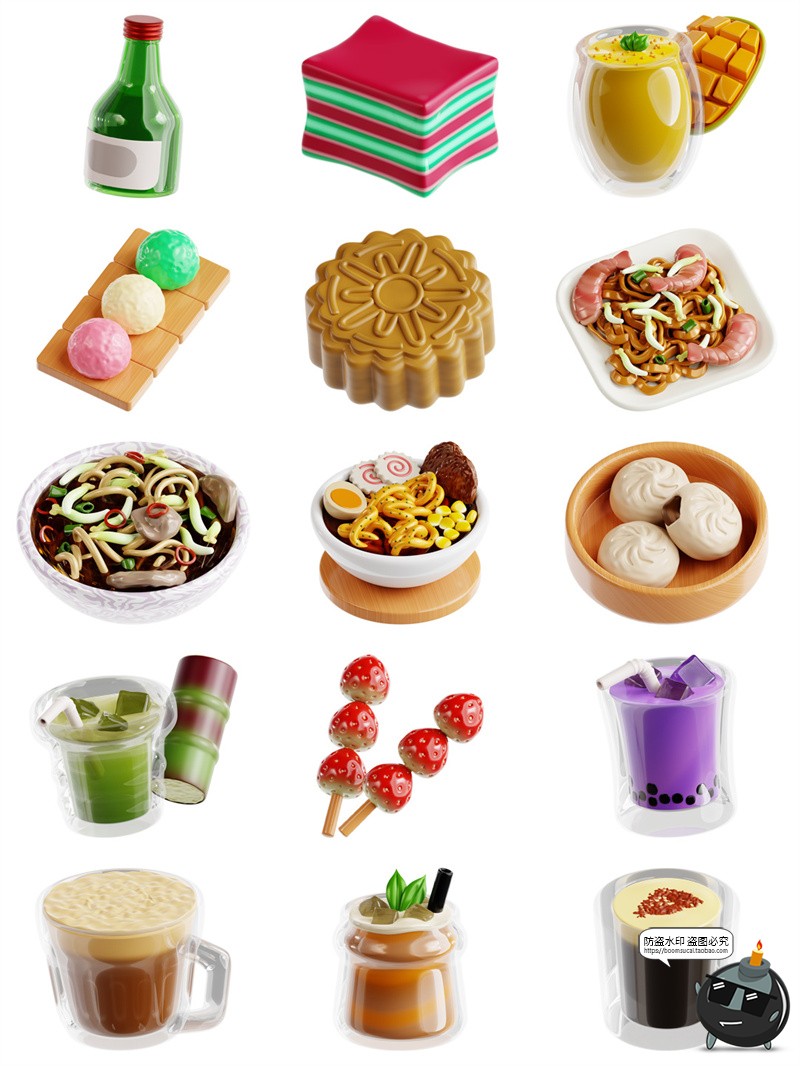 图片[2]-3D卡通亚洲中国美食小吃包子炒饭饺子炒面烤肉图标PNG免抠素材图-设计猿