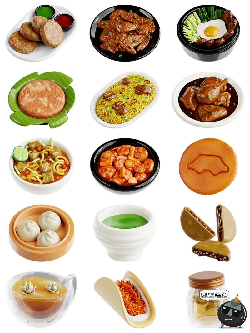 图片[3]-3D卡通亚洲中国美食小吃包子炒饭饺子炒面烤肉图标PNG免抠素材图-设计猿