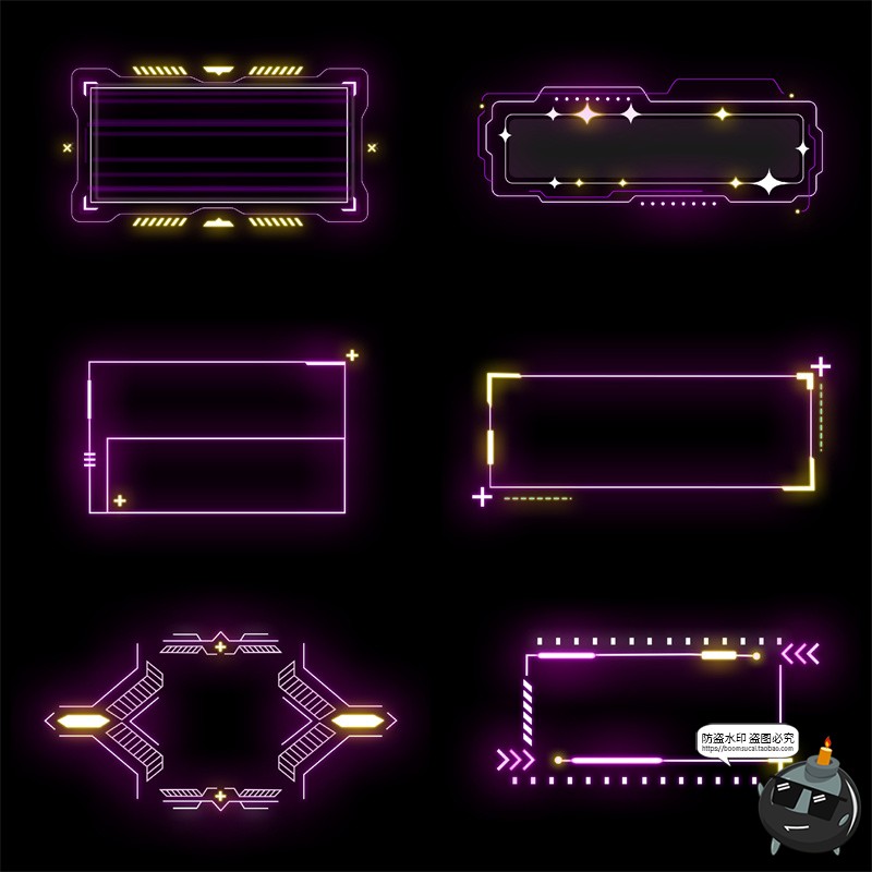 图片[1]-赛博朋克风未来科技感霓虹游戏框架边框提示框说明框PSD模板素材-设计猿