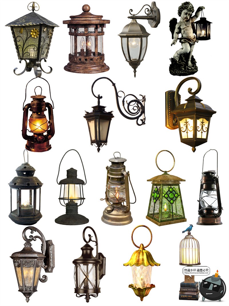 图片[2]-复古做旧欧式风格街灯路灯壁灯煤油灯手账装饰PNG免抠素材图片-设计猿