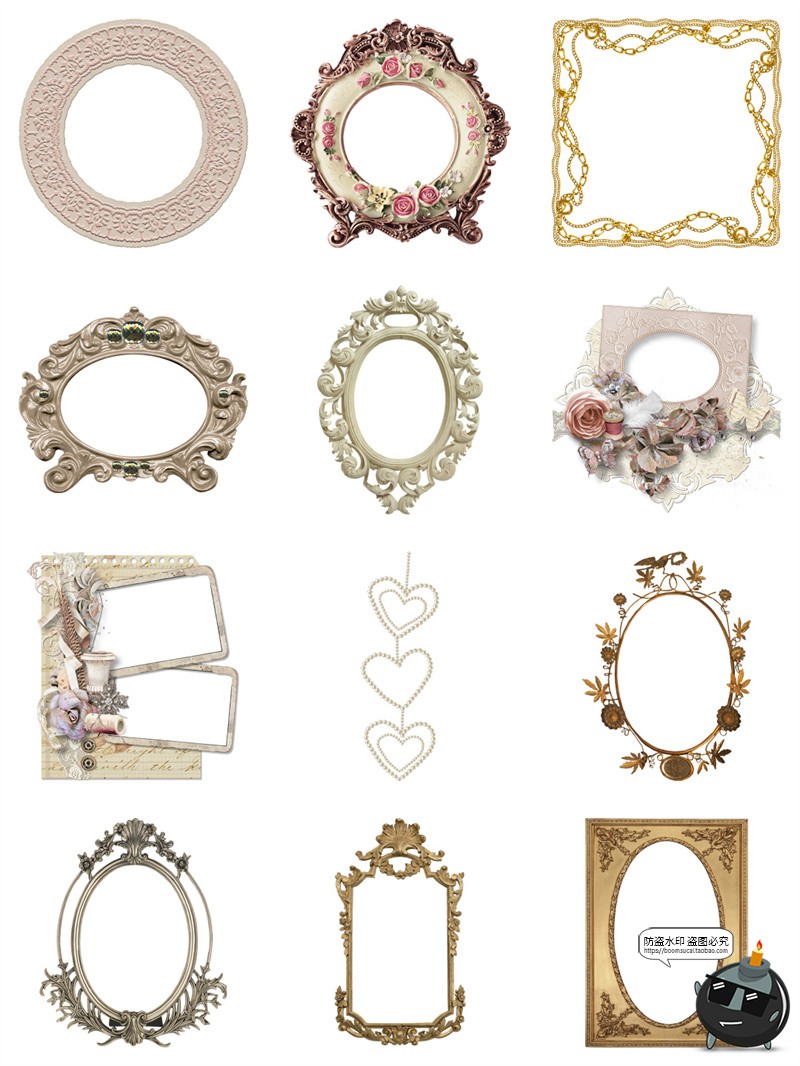 图片[4]-法式复古文艺石膏珍珠欧式相框婚纱装饰手帐贴纸平面PNG免抠素材-设计猿