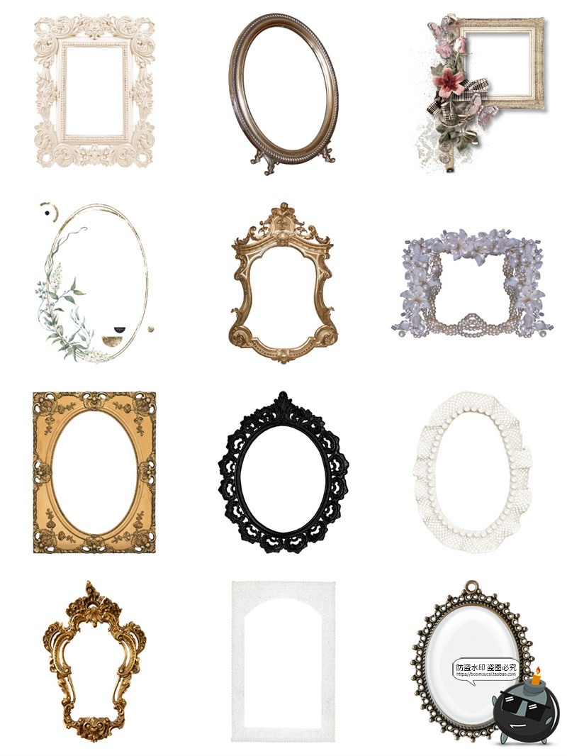 图片[7]-法式复古文艺石膏珍珠欧式相框婚纱装饰手帐贴纸平面PNG免抠素材-设计猿