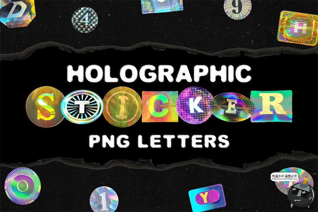 图片[1]-复古全息镭射防伪贴纸英文字母背景纹理装饰元素PNG免扣图片素材-设计猿